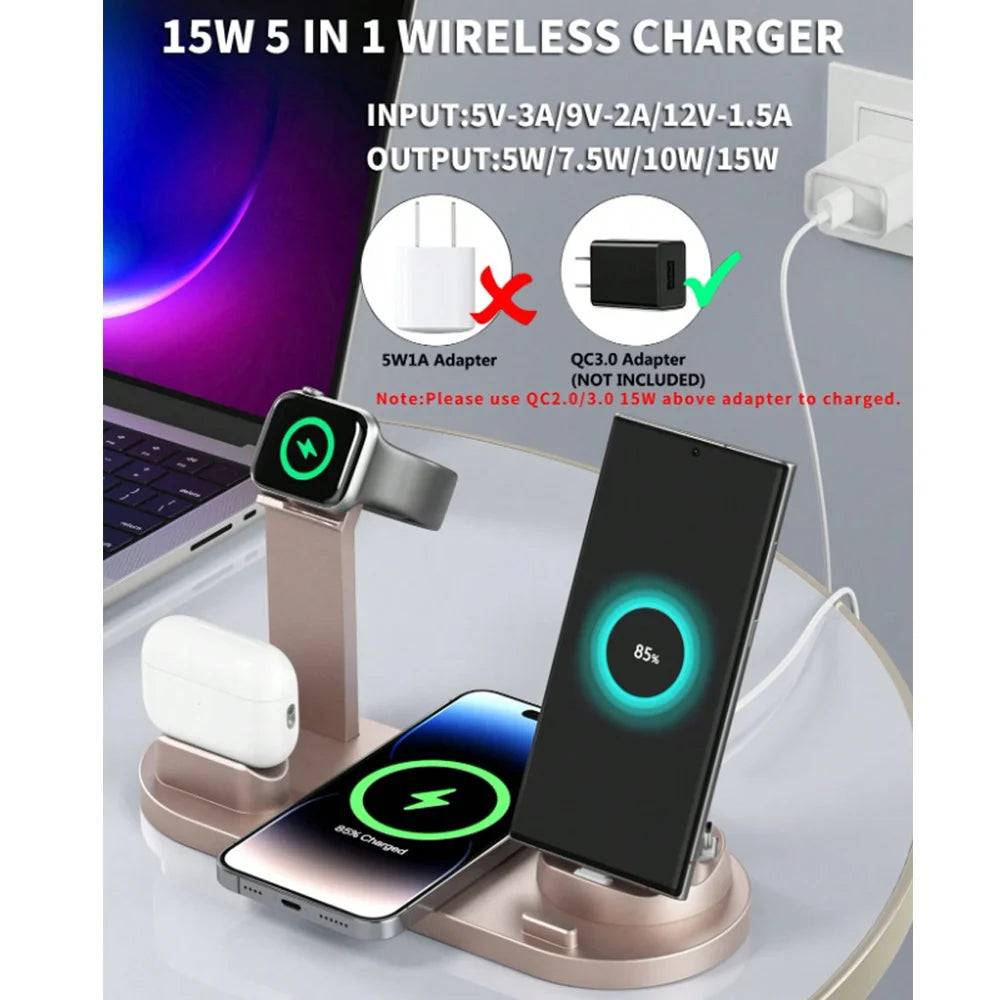 7 In 1 Wireless Charger Stand Pad For iPhone 15 14 13 12 11 X Apple Watch Airpods Desk Phone Chargers Fast Charging Dock Station