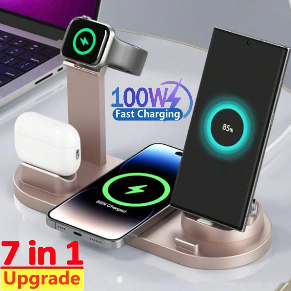 7 In 1 Wireless Charger Stand Pad For iPhone 15 14 13 12 11 X Apple Watch Airpods Desk Phone Chargers Fast Charging Dock Station